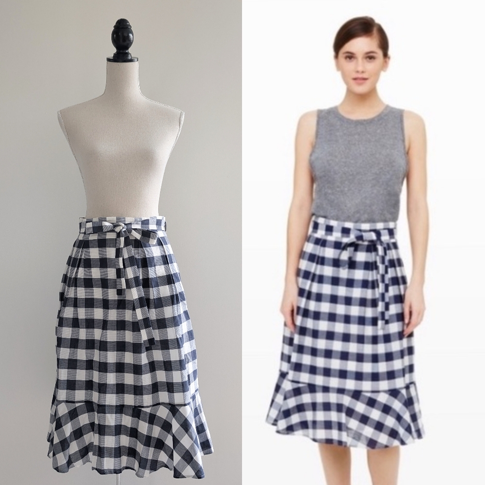 Like New Club Monaco Linen Cotton Gingham Checkered Waist Tie Skirt